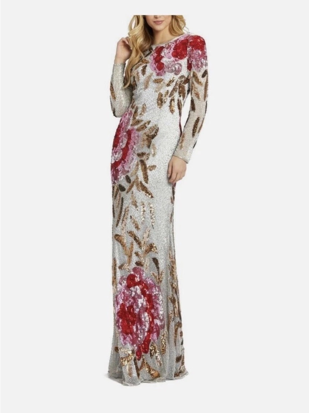 Mac Duggal Long Sleeve Sequin Floral Gown in Silver and Red